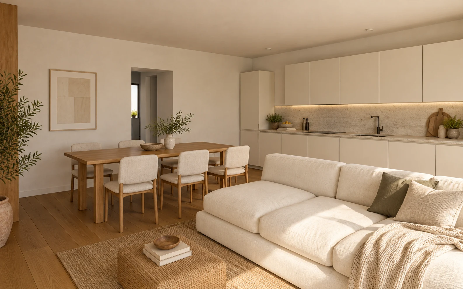 Sala e cozinha em tons naturais, com zona de estar e mesa de refeições