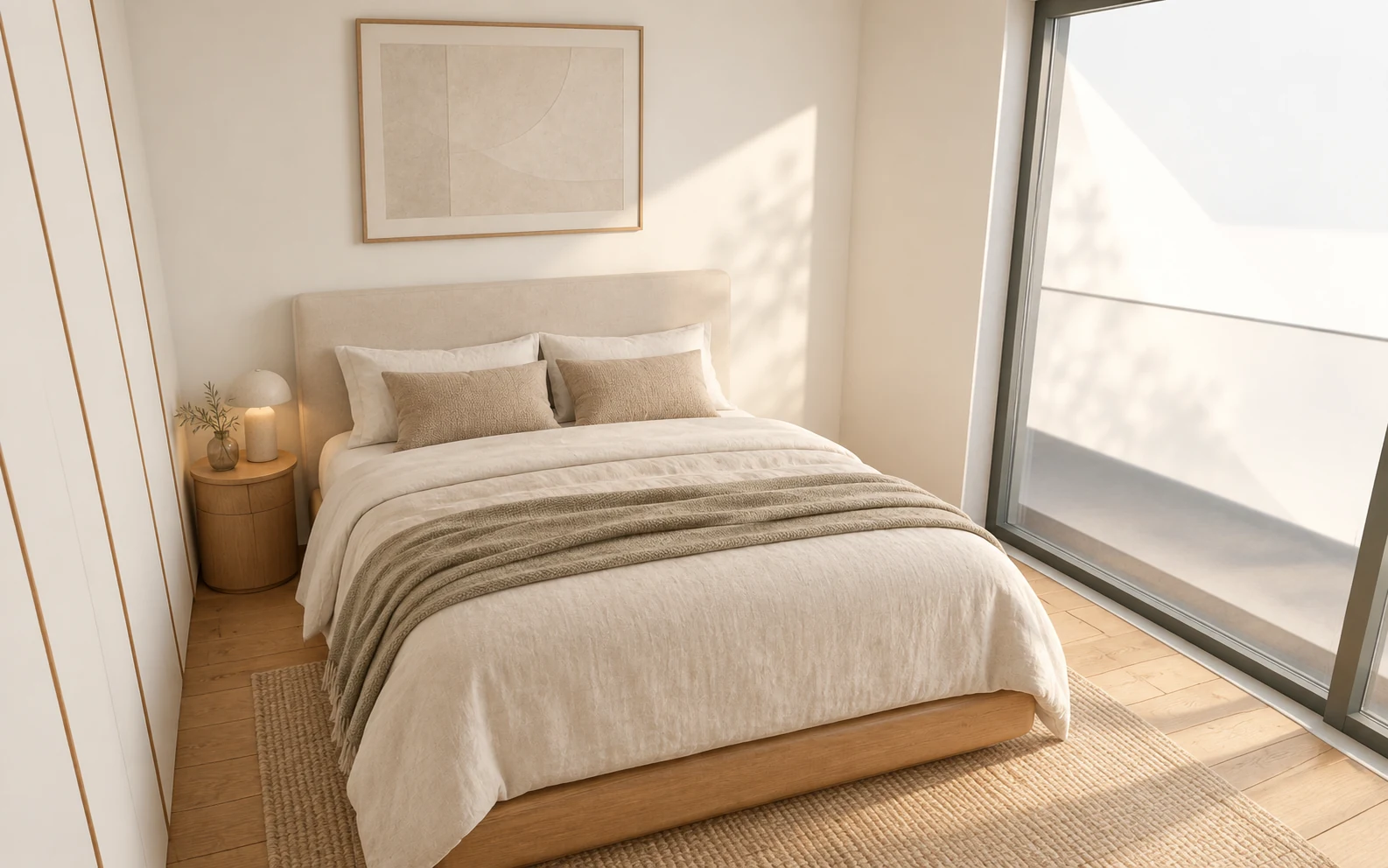 Quarto suite com cama junto à janela e materiais em tons claros